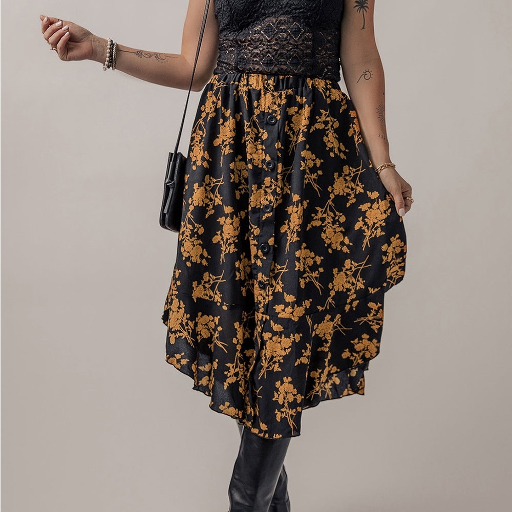 Elegant Black and Gold Floral Midi Skirt